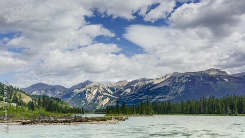 Time lapse of Colin Range Mountains from banks of the Athabasca River, near Jasper townsite, Jasper National Park, Alberta, Canada photo