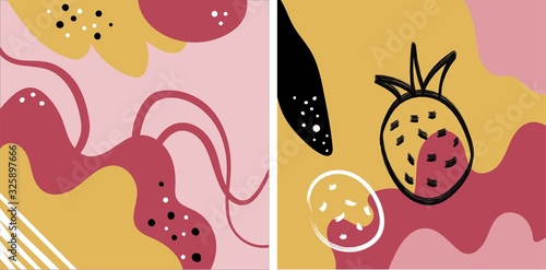 Collage style seamless repeat pattern with abstract and organic shapes in mustard yellow, pastel pink, gray, black and cream. Modern and original textile, wrapping paper, wall art design.