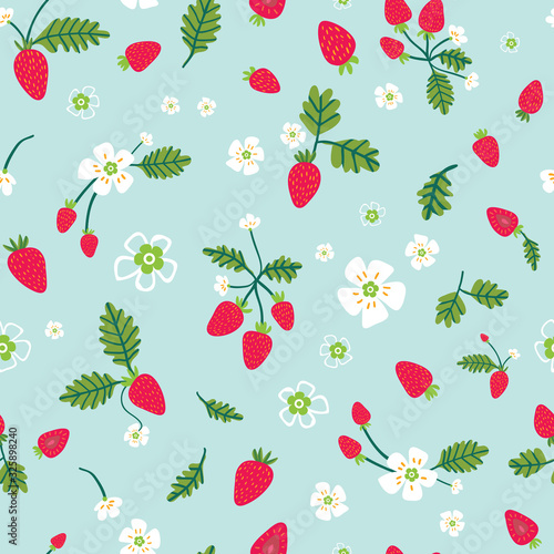 Summer seamless pattern with hand drawn of wild strawberries and flowers blooming beautifully on blue backdrop. Surface design for textile  wrapping paper and packaging.