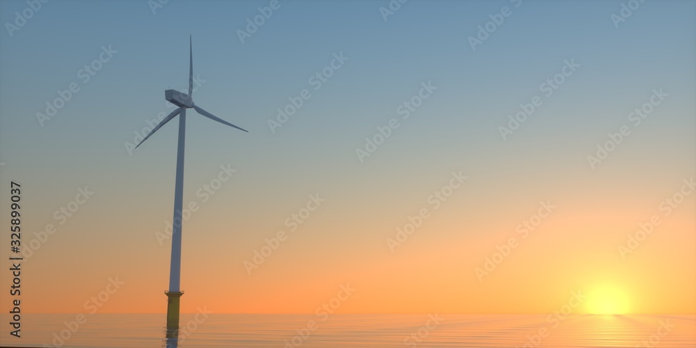 Extremely detailed and realistic high resolution 3d illustration of a wind turbine at the sea
