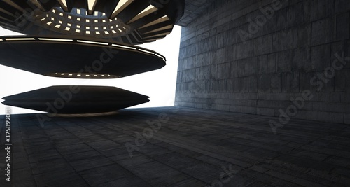 Abstract architectural concrete interior with discs. Neon lighting. 3D illustration and rendering.