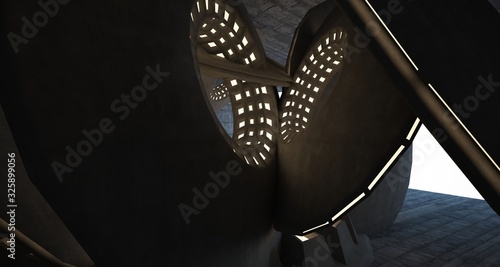 Abstract architectural concrete interior with discs. Neon lighting. 3D illustration and rendering.