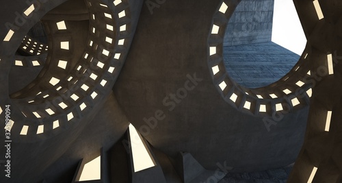 Abstract architectural concrete interior with discs. Neon lighting. 3D illustration and rendering.