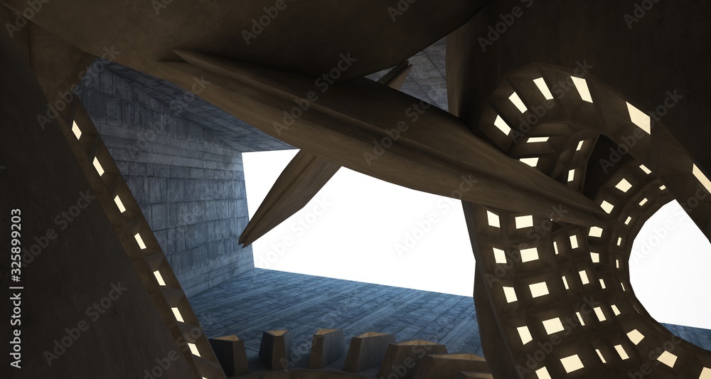 Obraz premium Abstract architectural concrete interior with discs. Neon lighting. 3D illustration and rendering.