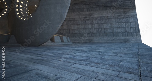 Abstract architectural concrete interior with discs. Neon lighting. 3D illustration and rendering.