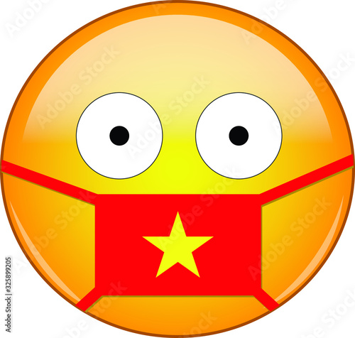 Yellow scared emoji in Vietnamese medical mask protecting from SARS, coronavirus, bird flu and other viruses, germs and bacteria and contagious disease as well as toxic smog and air pollution in Vietn