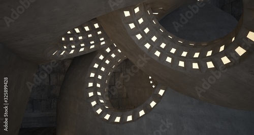 Abstract architectural concrete interior with discs. Neon lighting. 3D illustration and rendering.