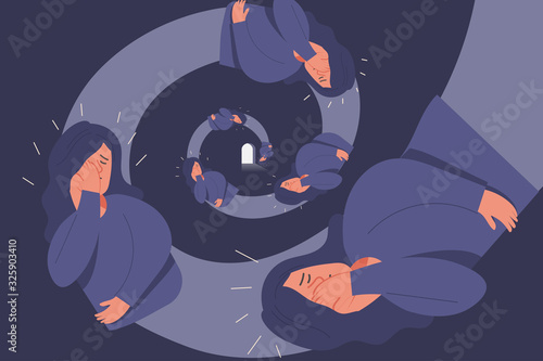 sad young girl in depression fall down in spiral illusion on her mind, mental health concept, cartoon female character vector flat illustration