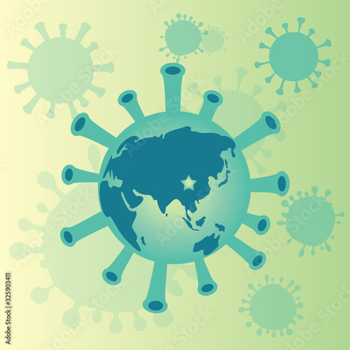 COVID-19 Novel Coronavirus (2019-nCoV), World Corona Virus outbreak concept, Illustration of green sick illness world Asia map as COVID-19 Virus pathogen with star at Wuhan, China as originate.