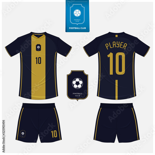 Soccer jersey or football kit mockup template design for sport club. Football t-shirt sport, shorts mock up. Soccer uniform in front view, back view . Football logo in flat design. Vector Illustration