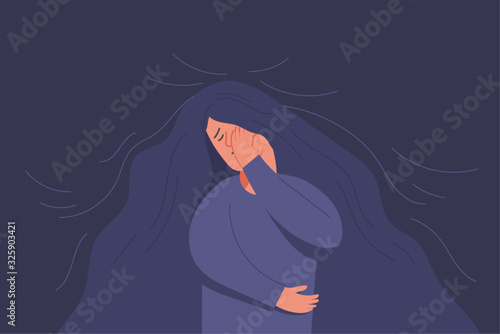 unhappy and sad young girl in depression, sorrow woman, mental health concept, cartoon female character vector flat illustration