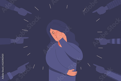 human hand aiming to sad young girl in depression, sorrow woman, mental health concept, cartoon female character vector flat illustration