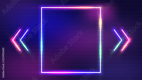 Neon glowing quote marks frame. Square frame with a sliding arrow on the side. Vector illustration.
