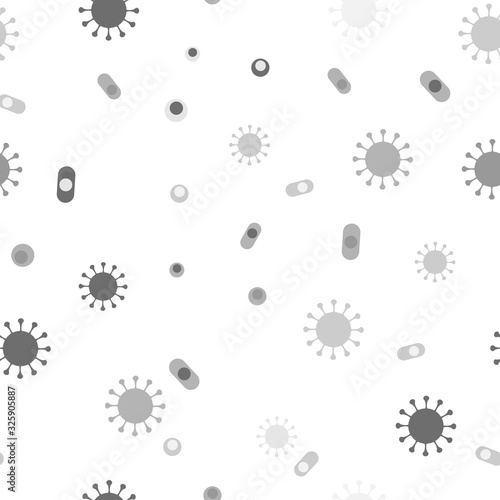 Gray and white simple cartoon virus and bacteria cells under microcope monochrome seamless pattern, vector