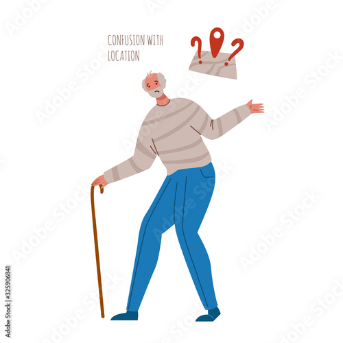old people with dementia signs and symptoms, confused aged senior men with mental problems, Alzheimers or Parkinsons disease, confusion with location - vector isolated person on white