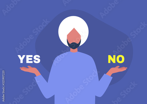 Yes or no, young indian male character answering a question, digital template, alternatives