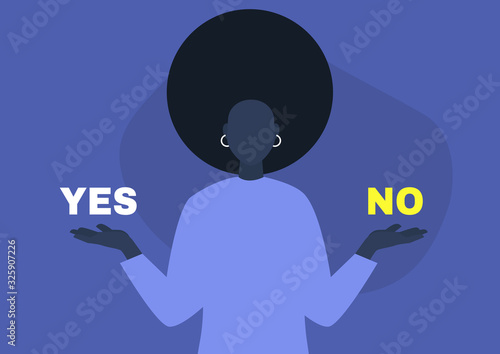 Yes or no, young black female character answering a question, digital template, alternatives