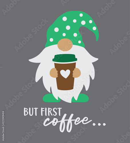 Vector illustration of a gnome holding a to go coffee cup.