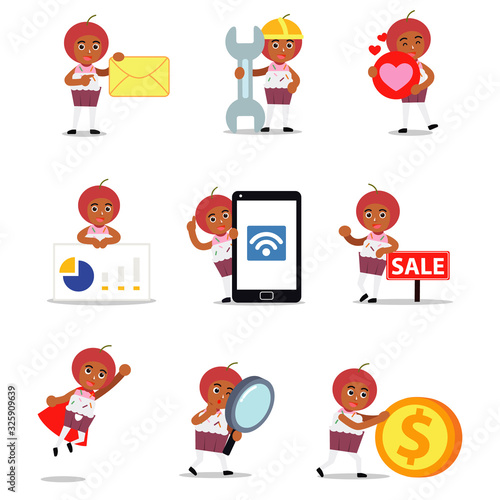 Set character of man wearing cupcake costume as food promoter in his bakery store.