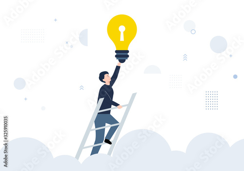 Man climbing up a ladder and catching a light bulb. Vector illustration for business.