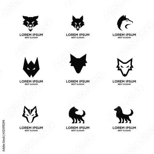 set of collection wolf head animal modern black logo template