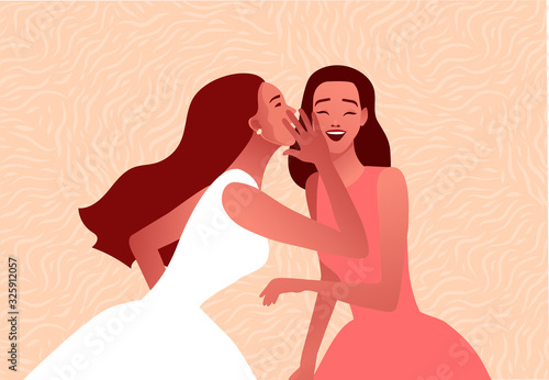 Two stylish model girls gossiping vector illustration. One excited blond girl whispers private secret or rumours to her friend. Pastel pale colorus.