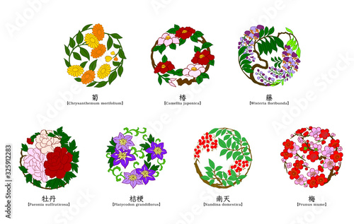 日本の花　模様　円形