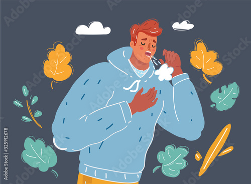 Man sore throat Cough on dark background.