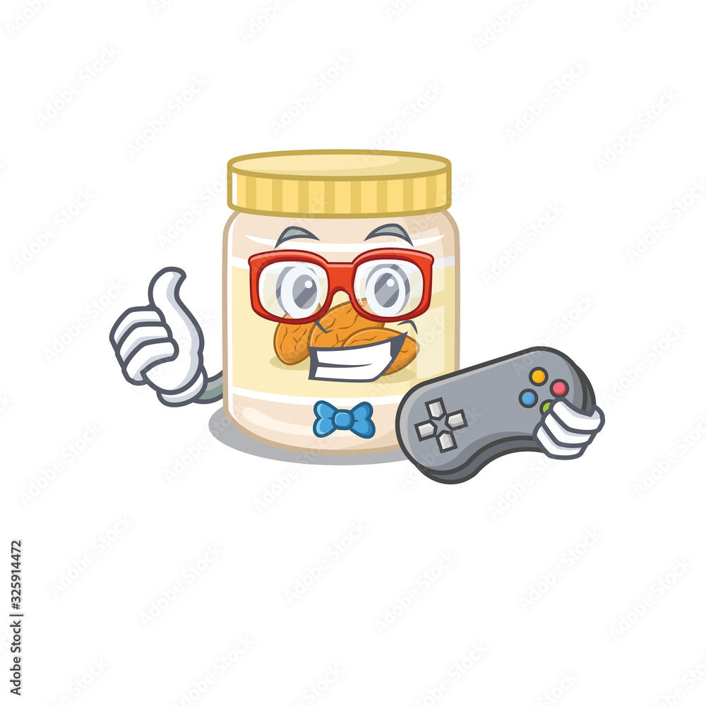 Smiley gamer almond butter cartoon mascot style