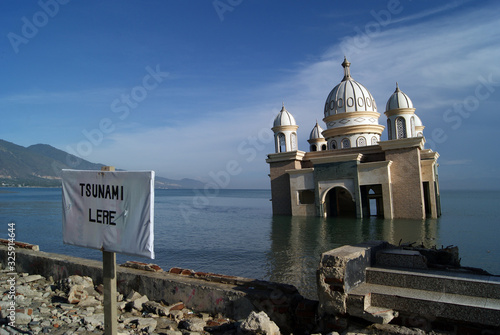 Palu, Central Sulawesi / Indonesia - February 14th 2020 : A Floating Mosque collapsed hit by tsunami wave on September 28th 2018.