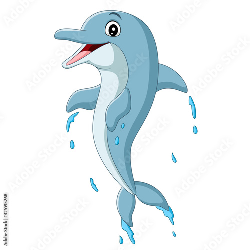 Cartoon happy blue dolphin jumping