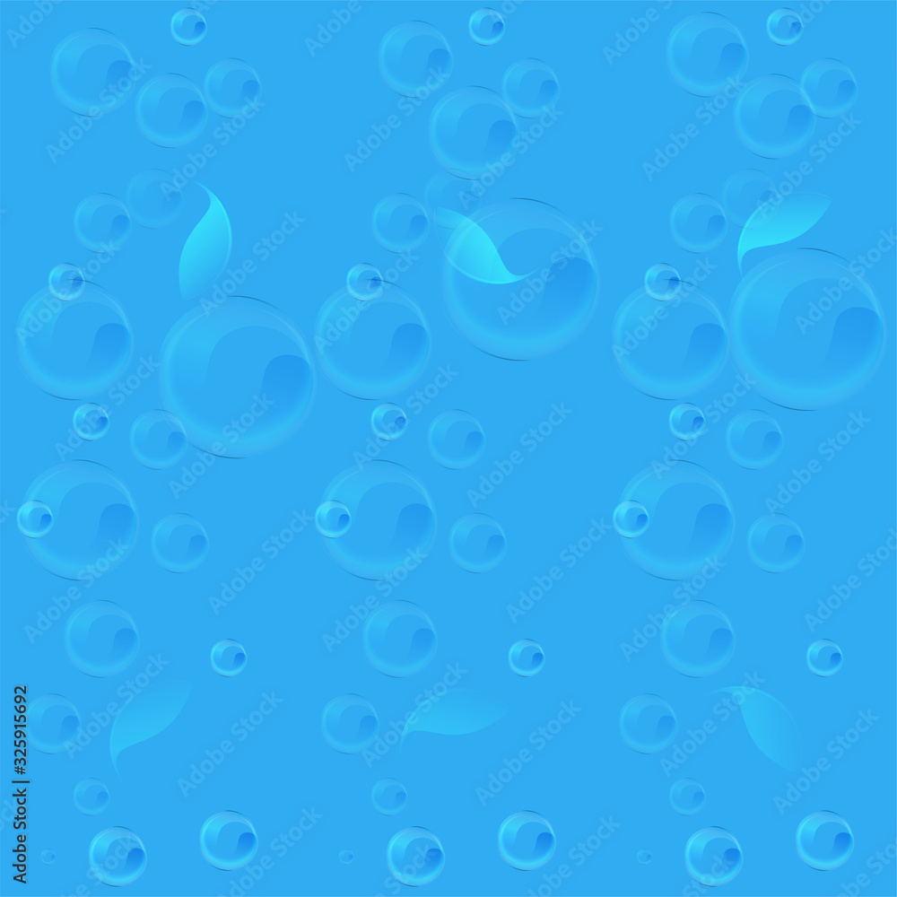 blue water seamless pattern with many bubbles, fabric print, light design, vector illustration