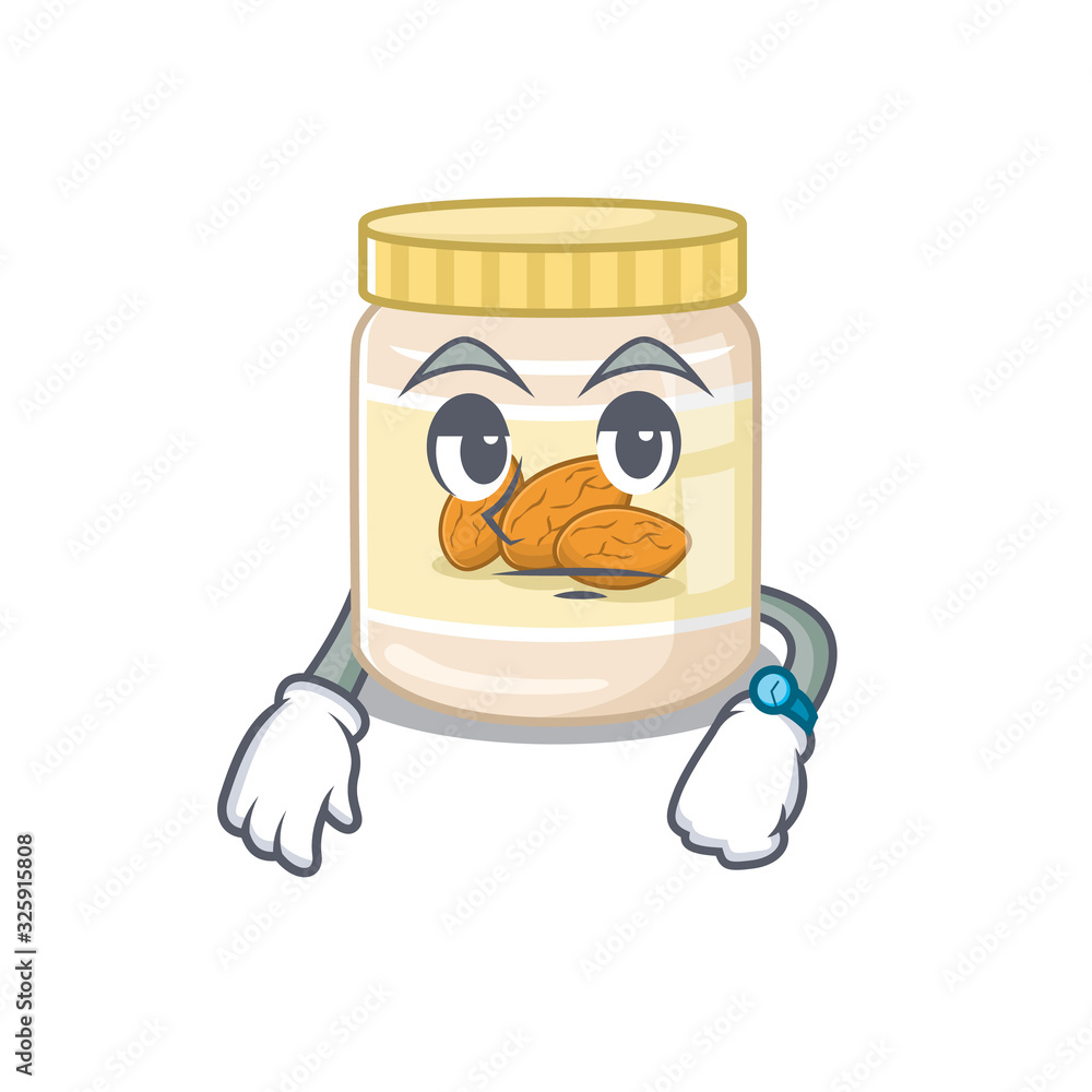cartoon character design of almond butter on a waiting gesture