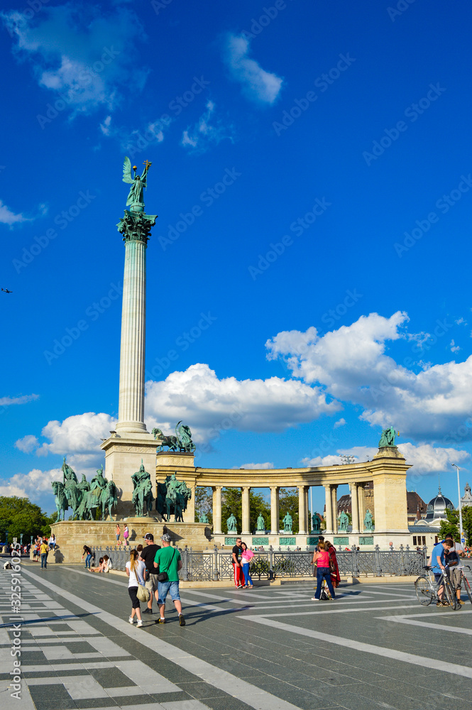 Budapest, Hungary - CIRCA 2013: Several tourists are enjoying the view in Hero Square, Budapest, Hungary.