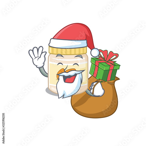 Santa almond butter Cartoon character design having box of gifts