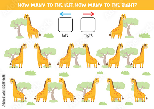 Count how many giraffes go to the right and left.