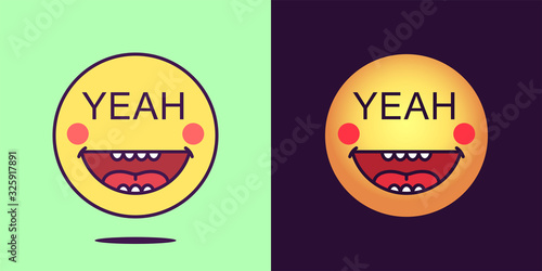 Emoji face icon with phrase Yeah. Emoticon with text Yeah. Set of cartoon faces, emotion icon for social media