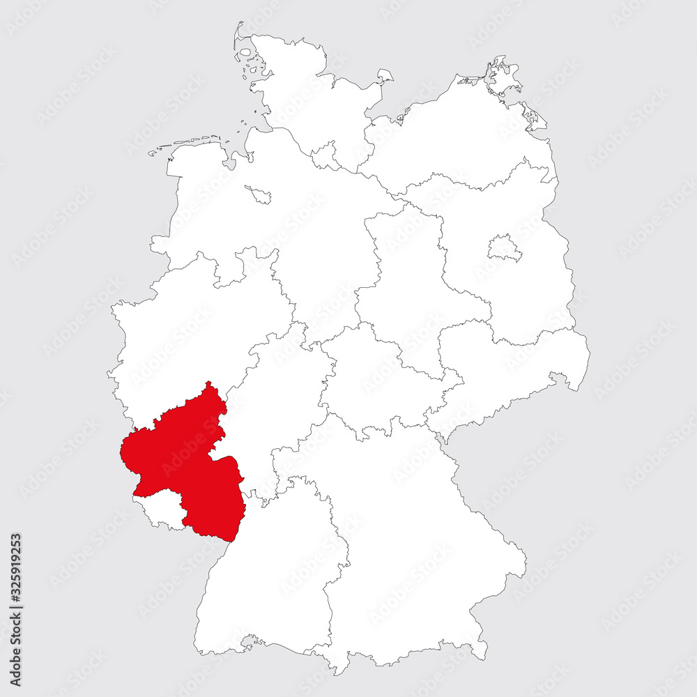 Rhineland-palatinate province highlighted germany map. Gray background. German political map.