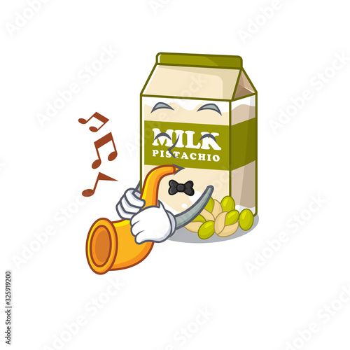 mascot design concept of pistachio milk playing a trumpet