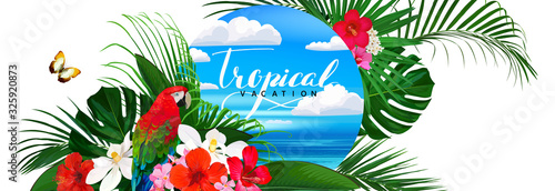 Beautiful tropical vector banner with parrot,hibiscus and magnolia flowers, monstera and palm leaves around blue sky and sea