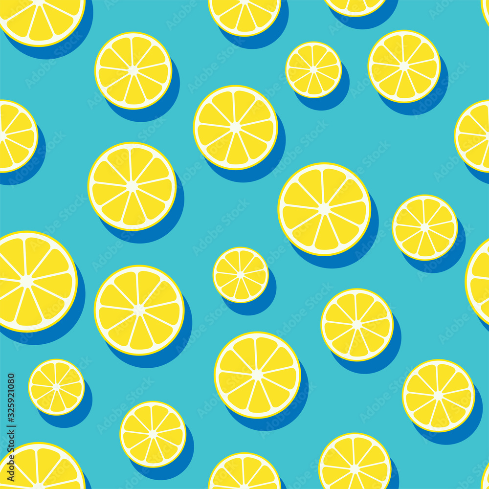 Round lemon slices, seamless pattern. Bright tropical fruits. 