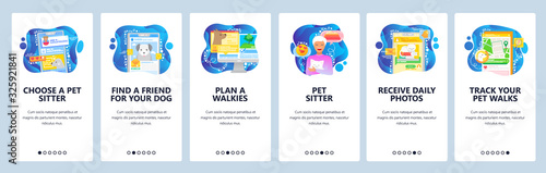 Find pet sitter app. Dog and cats house sitting, walking with animals. Mobile app onboarding screens. Menu vector banner template for website and mobile development. Web site design illustration