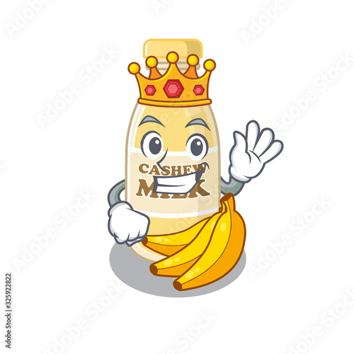 A cartoon mascot design of cashew milk performed as a King on the stage