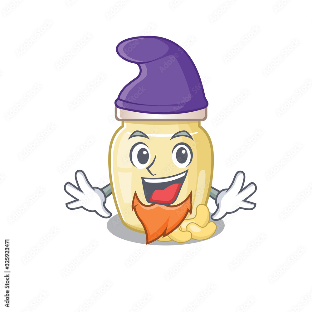cartoon mascot of funny cashew butter dressed as an Elf cartoon mascot of funny cashew butter dressed as an Elf