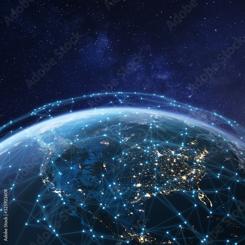 Telecommunication network above North America from space by night with city lights in USA, Canada and Mexico, satellite orbiting Planet Earth for Internet of Things IoT and blockchain technology