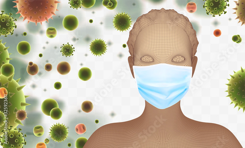 3D female portrait in a medical mask against the background of bacteria, viruses, spores and dust.