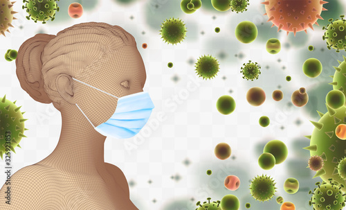 3D female portrait in a medical mask against the background of bacteria, viruses, spores and dust.