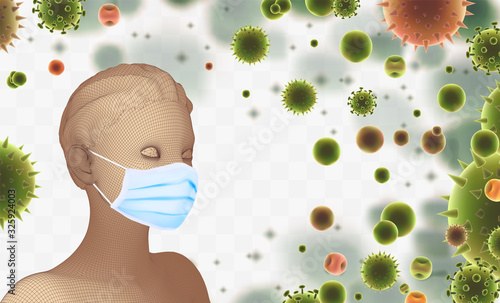 3D female portrait in a medical mask against the background of bacteria, viruses, spores and dust.