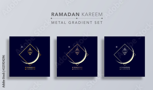 Ramadan Kareem islamic design crescent moon with gold copper and silver square frame on dark blue background.