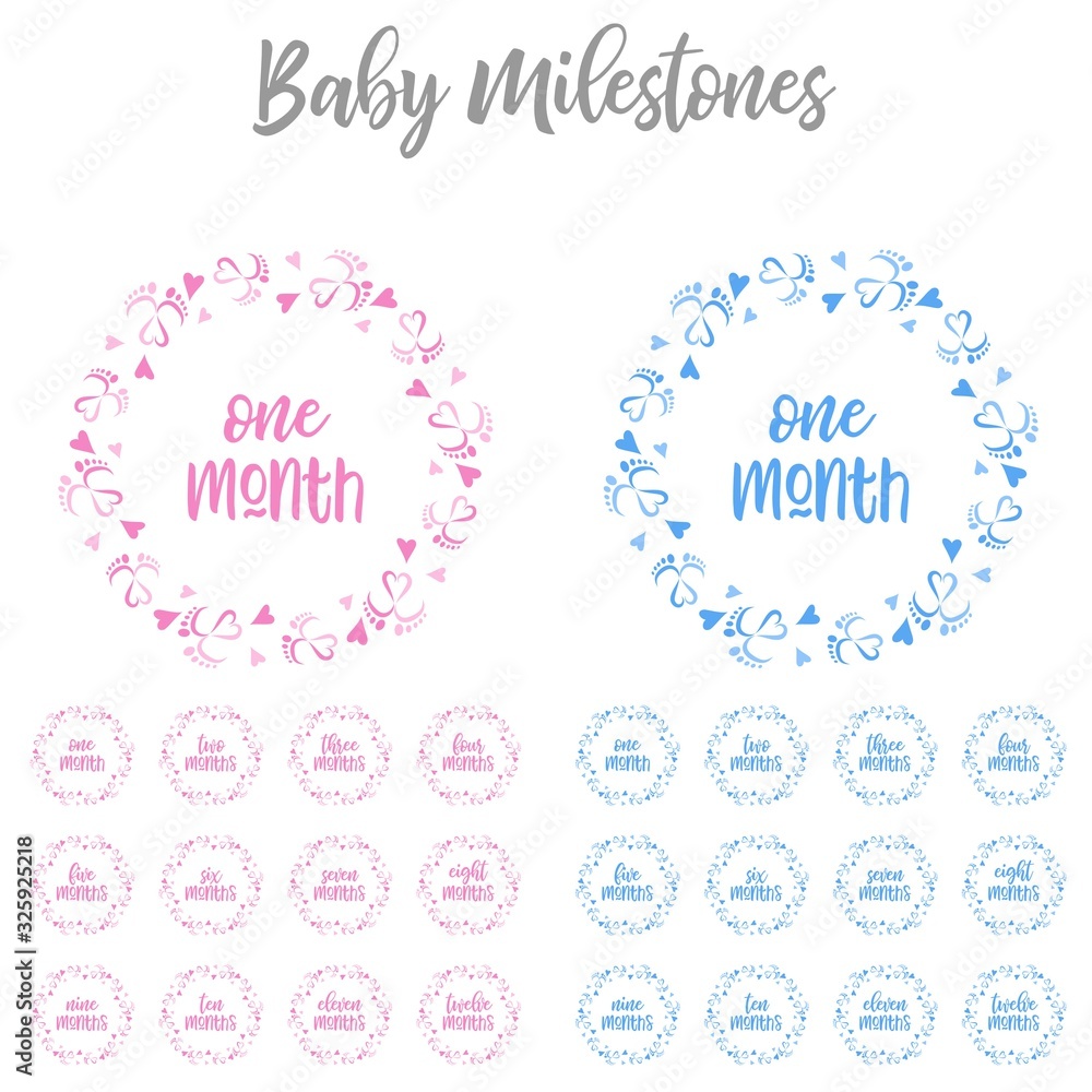 Baby milestones with baby feet and heart vector illustration